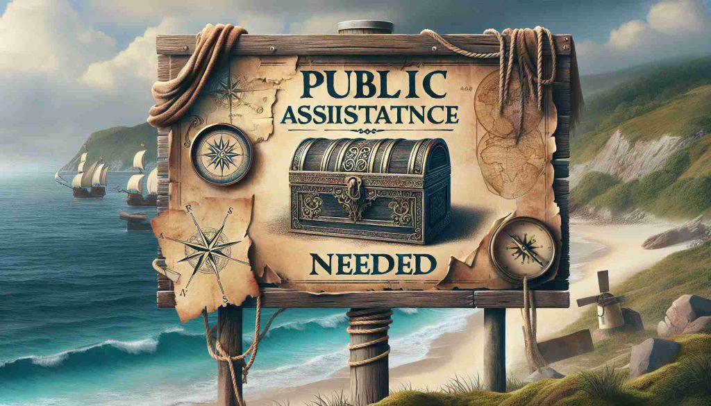 Produce a high-definition, realistic image conveying a public appeal for assistance in locating a missing treasure chest. Include an old wooden sign set against a coastal background. The sign should be weather-beaten and covered with moss, displaying the words 'Public Assistance Needed'. Below this, include an old-world stylized illustration of a treasure chest, intricate and ornate in design. The backdrop should include elements suggesting a treasure hunt: a vintage compass, a torn pirate map, an old-fashioned telescope. Convey a sense of mystery and urgency.