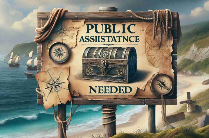 Produce a high-definition, realistic image conveying a public appeal for assistance in locating a missing treasure chest. Include an old wooden sign set against a coastal background. The sign should be weather-beaten and covered with moss, displaying the words 'Public Assistance Needed'. Below this, include an old-world stylized illustration of a treasure chest, intricate and ornate in design. The backdrop should include elements suggesting a treasure hunt: a vintage compass, a torn pirate map, an old-fashioned telescope. Convey a sense of mystery and urgency.