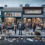 Create a realistic HD image depicting a curious situation in Vancouver Island where small business owners are in a state of fear due to a series of crimes. Show a variety of shops with visibly nervous owners, from different descents like Caucasian, Hispanic, and Asian, both males and females. The signs of the crimes can be elements like broken windows, graffiti, and vandalized property. The location should be a typical small-town street with businesses lined up on both sides. The overall ambiance should be somber and tense to denote the fear among the community.