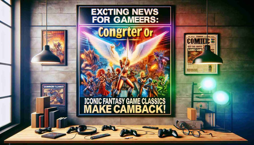 Generate a realistic HD photo of a gaming themed environment featuring a large, attention-grabbing banner with the text 'Exciting News for Gamers: Iconic Fantasy Game Classics Make a Comeback!' The colors should be vibrant, indicative of the enthusiasm of this news. The setting should include gaming elements such as a gaming console, controllers, and a headset, along with posters of generic fantasy gaming characters. Overlay with a glazing effect that enhances the anticipation and excitement conveyed by the banner.