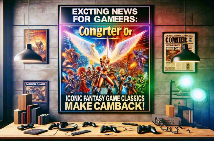 Generate a realistic HD photo of a gaming themed environment featuring a large, attention-grabbing banner with the text 'Exciting News for Gamers: Iconic Fantasy Game Classics Make a Comeback!' The colors should be vibrant, indicative of the enthusiasm of this news. The setting should include gaming elements such as a gaming console, controllers, and a headset, along with posters of generic fantasy gaming characters. Overlay with a glazing effect that enhances the anticipation and excitement conveyed by the banner.