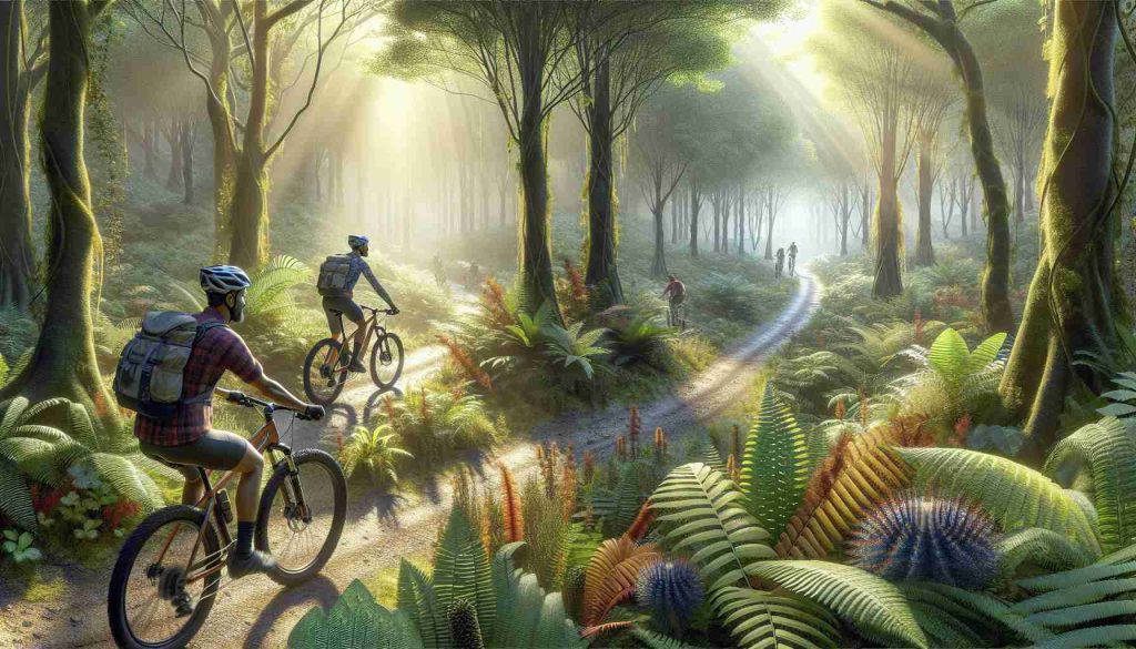 Create an image of a thrilling cycling adventure through an enchanting woodland. The woodland should be diverse with varied flora and fauna. There should be a dirt path winding through the trees, sunlight filtering beautifully through the leaves. The cyclists should be diverse with one being a Middle Eastern male and another a Hispanic female. Both should be wearing appropriate cycling gear with helmets and backpacks, visibly excited and enjoying their journey. The image should have a realistic, high-definition quality showcasing the intricate details of the woodland, the cyclists, and their surroundings.