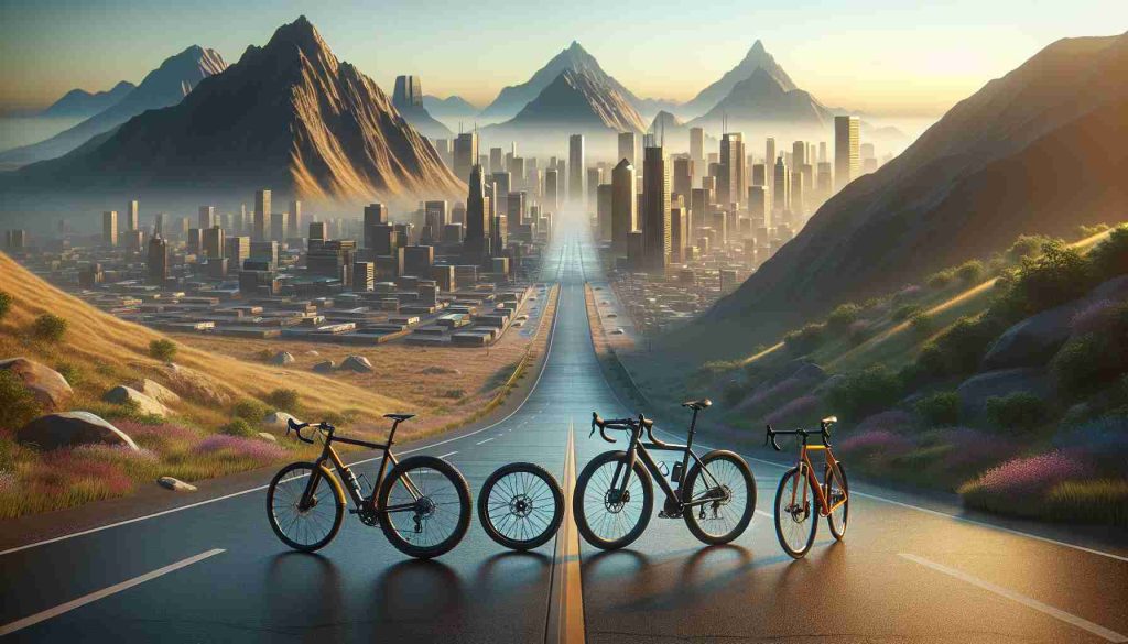 Generate a realistic, high definition image capturing the versatility of bicycles. The scene should display different types of bicycles such as a mountain bike, a road bike, and a city commuter bike, each in a setting that is best suited for its use. Include a mountainous terrain for the mountain bike, a smooth asphalt road for the road bike, and a vibrant cityscape for the city commuter bike. Make sure to highlight the unique characteristics of each bicycle type to enhance the visualization of their versatile nature.