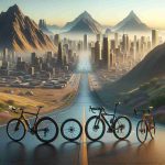 Generate a realistic, high definition image capturing the versatility of bicycles. The scene should display different types of bicycles such as a mountain bike, a road bike, and a city commuter bike, each in a setting that is best suited for its use. Include a mountainous terrain for the mountain bike, a smooth asphalt road for the road bike, and a vibrant cityscape for the city commuter bike. Make sure to highlight the unique characteristics of each bicycle type to enhance the visualization of their versatile nature.