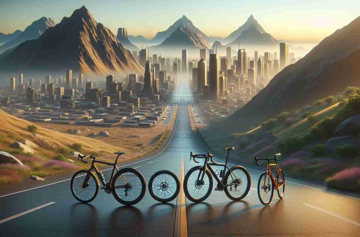 Generate a realistic, high definition image capturing the versatility of bicycles. The scene should display different types of bicycles such as a mountain bike, a road bike, and a city commuter bike, each in a setting that is best suited for its use. Include a mountainous terrain for the mountain bike, a smooth asphalt road for the road bike, and a vibrant cityscape for the city commuter bike. Make sure to highlight the unique characteristics of each bicycle type to enhance the visualization of their versatile nature.