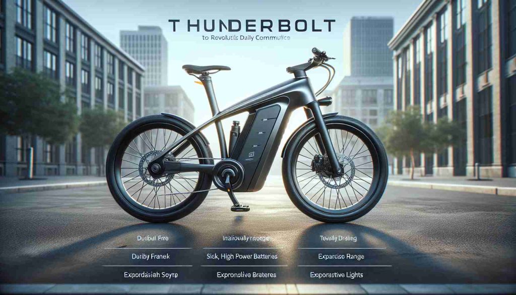 A high-definition, realistic image of a modern, efficient electric bike named ThunderBolt. The bike is innovatively designed to revolutionize daily commute. It displays a futuristic design, sleek lines and subtle curves. Details such as a durable frame, high power batteries, expansive range, responsive braking system and smartly integrated lights can be clearly seen. The setting is an urban landscape during day time, emphasizing its use in daily commuting.