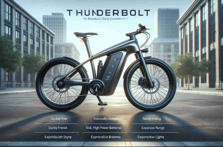 A high-definition, realistic image of a modern, efficient electric bike named ThunderBolt. The bike is innovatively designed to revolutionize daily commute. It displays a futuristic design, sleek lines and subtle curves. Details such as a durable frame, high power batteries, expansive range, responsive braking system and smartly integrated lights can be clearly seen. The setting is an urban landscape during day time, emphasizing its use in daily commuting.