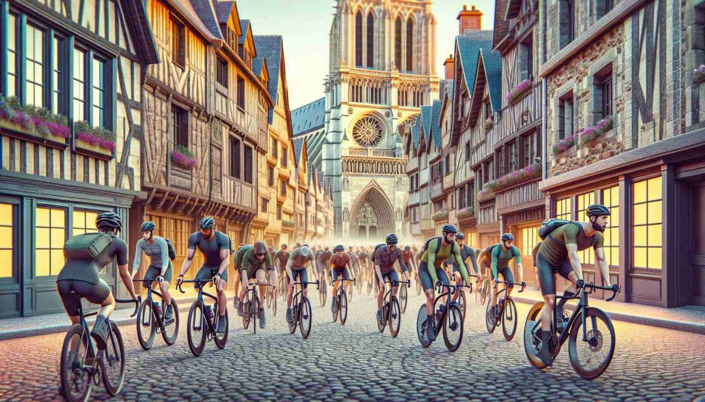 Generate a hyper-realistic HD image showcasing a unique and innovative cycling experience in the northern region of France. Include a variety of cyclists, encompassing both genders and a mix of descents such as Caucasian, Hispanic, Black, Middle-Eastern, and South Asian. The French countryside should be in the backdrop, with old cobbled streets and gothic architecture, alongside contemporary elements showcasing a blend of history with the present day. The bicycles should represent a blend of classical and modern designs, with cutting-edge technology incorporated into them.