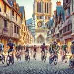 Generate a hyper-realistic HD image showcasing a unique and innovative cycling experience in the northern region of France. Include a variety of cyclists, encompassing both genders and a mix of descents such as Caucasian, Hispanic, Black, Middle-Eastern, and South Asian. The French countryside should be in the backdrop, with old cobbled streets and gothic architecture, alongside contemporary elements showcasing a blend of history with the present day. The bicycles should represent a blend of classical and modern designs, with cutting-edge technology incorporated into them.