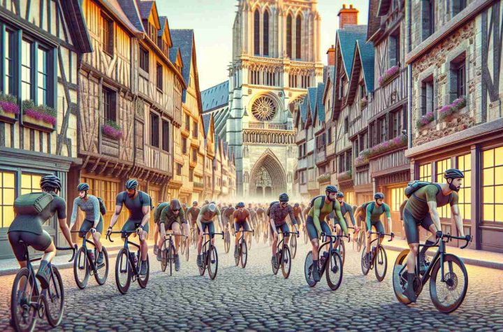 Generate a hyper-realistic HD image showcasing a unique and innovative cycling experience in the northern region of France. Include a variety of cyclists, encompassing both genders and a mix of descents such as Caucasian, Hispanic, Black, Middle-Eastern, and South Asian. The French countryside should be in the backdrop, with old cobbled streets and gothic architecture, alongside contemporary elements showcasing a blend of history with the present day. The bicycles should represent a blend of classical and modern designs, with cutting-edge technology incorporated into them.