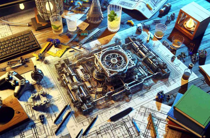 An imaginatively realistic and high-definition image representing the concept of 'new beginnings.' This scene takes place in a vibrant workspace, indicative of a creative studio. The central focus is upon a meticulously crafted blueprint of a complex gaming mechanical device, signaling a new project or innovation. Scattered around it are various architectural drafts and tequila glasses, suggesting a celebration for the kickoff of this fresh endeavor. There's an air of excitement and creativity pervading the scene, encapsulating the spirit of a team embarking on a new journey.