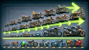 An High Definition image showcasing the chronological evolution of sustainable motorcycle technology over time. It begins with the early period of antiquated, gas-guzzling motorcycles on the left, transitioning towards more energy-efficient designs in the middle, and culminating with futuristic, eco-friendly electric motorcycles on the far right. The evolution of technology is reflected in distinctive aesthetic changes, with each motorcycle design reflecting the standards and sustainability-minded advancements of its era. Include visual elements such as solar panels, battery icons, and recycled materials to signify the sustainability.