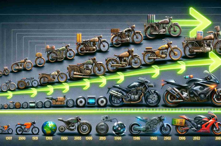 An High Definition image showcasing the chronological evolution of sustainable motorcycle technology over time. It begins with the early period of antiquated, gas-guzzling motorcycles on the left, transitioning towards more energy-efficient designs in the middle, and culminating with futuristic, eco-friendly electric motorcycles on the far right. The evolution of technology is reflected in distinctive aesthetic changes, with each motorcycle design reflecting the standards and sustainability-minded advancements of its era. Include visual elements such as solar panels, battery icons, and recycled materials to signify the sustainability.