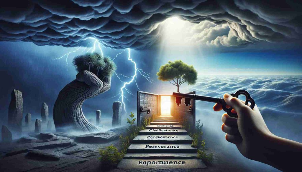 Create a high-definition realistic scene that symbolizes 'Unlocking Opportunities: Resilience in the Face of Adversity'. This could feature a hand turning a key in a lock, opening up to reveal a scene of growth and redemption. A sturdy tree standing tall amidst a storm could represent resilience. Include stone steps leading through the storm to symbolize the journey of adversity. Each step could be engraved with experiences like 'challenge', 'perseverance', 'endurance', making them the steps of opportunity. The overall image should capture the essence of strength, hope, and the ability to thrive in difficult times.