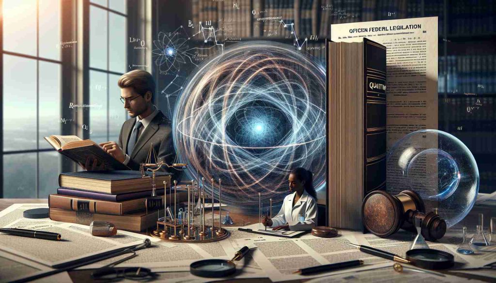 A realistic high-definition image representing the concept of revolutionizing quantum research in federal legislation. The scene includes a blend of elements from physics and legislation: A Caucasian male legislator reading quantum physics theory books, a Black female scientist working on a quantum computer, and official federal documents with quantum theory references scattered around them. The atmosphere should evoke a sense of discovery, progress, and innovation, conveying the powerful impact quantum research could have on future legislation and policy. This is presented in natural light, ideally in an office setting with a mood of serious dedication.