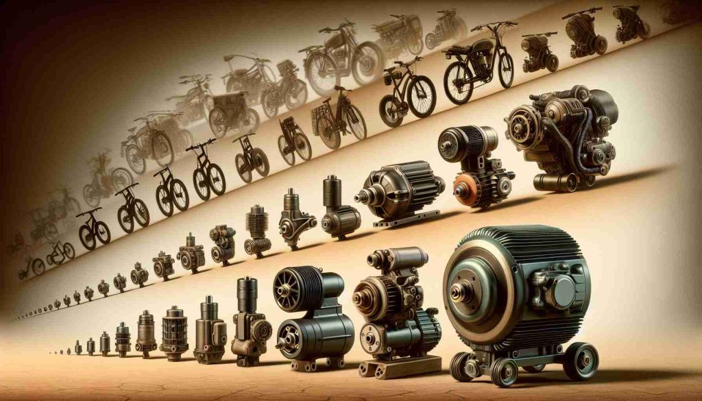 High-resolution, realistic image of the changing landscape of electric bike motors. The scene should depict various types of electric bike motors, each with their distinct characteristics such as size, design, power, and mounting position. Illustrate the progression by arranging them from the simplest old-fashioned designs at one end to the latest, highly advanced models at the other. The background should fade from sepia-tinted at the older end, illustrating the past, to full color at the newer end, illustrating the future.