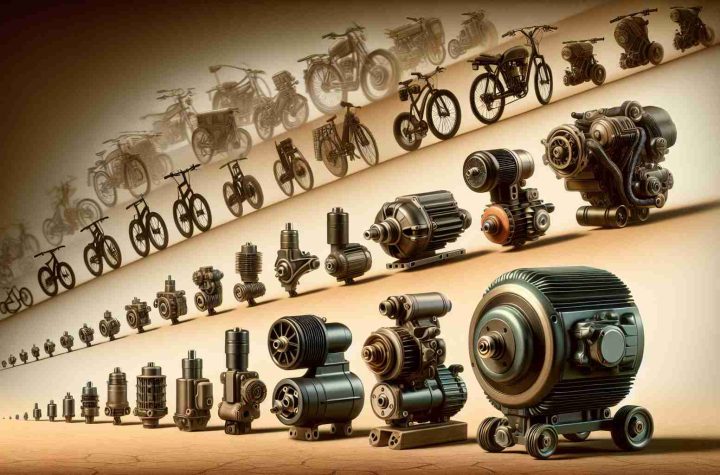 High-resolution, realistic image of the changing landscape of electric bike motors. The scene should depict various types of electric bike motors, each with their distinct characteristics such as size, design, power, and mounting position. Illustrate the progression by arranging them from the simplest old-fashioned designs at one end to the latest, highly advanced models at the other. The background should fade from sepia-tinted at the older end, illustrating the past, to full color at the newer end, illustrating the future.