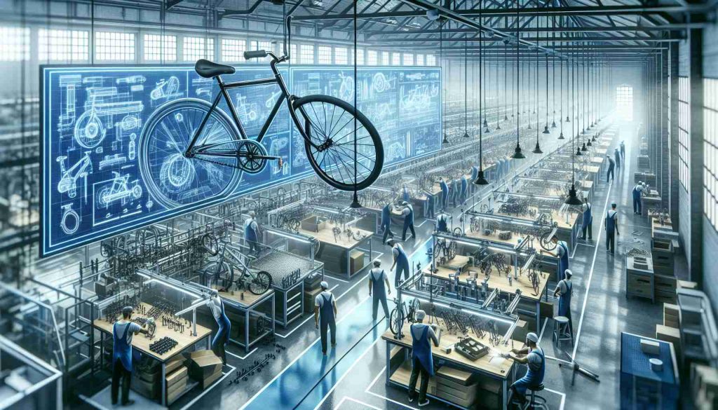 A high-definition, realistic image highlighting a shift in production strategy of Flyer Bicycles amid industrial challenges. Depict a bicycle factory with workers of various descents and genders busily adapting their methods. Show advanced machinery, blueprints, assembly lines, and quality checks in place, signifying a modern approach to manufacturing. The walls may be decorated with charts and graphs showing changing industry trends. In the foreground, let there be a finished bicycle model, emblematic of the company's resilience and adaptability.