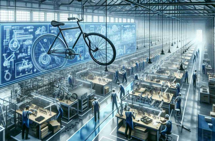 A high-definition, realistic image highlighting a shift in production strategy of Flyer Bicycles amid industrial challenges. Depict a bicycle factory with workers of various descents and genders busily adapting their methods. Show advanced machinery, blueprints, assembly lines, and quality checks in place, signifying a modern approach to manufacturing. The walls may be decorated with charts and graphs showing changing industry trends. In the foreground, let there be a finished bicycle model, emblematic of the company's resilience and adaptability.