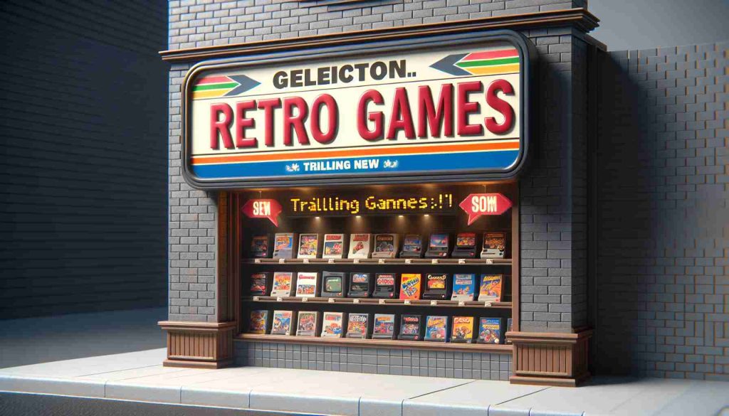 High-definition, realistic image of a retro games store announcing the arrival of a new collection of vintage games. The store signage displays the thrilling news about the game lineup, appealing to nostalgia-seeking gamers.