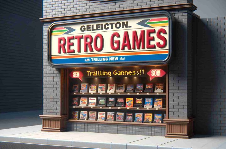 High-definition, realistic image of a retro games store announcing the arrival of a new collection of vintage games. The store signage displays the thrilling news about the game lineup, appealing to nostalgia-seeking gamers.