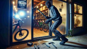 High resolution image displaying a local E-bike store at night. The scene should capture an attempt of break-in stopped in its tracks. A person, of ambiguous descent and gender, is seen halfway through an attempted break-in, with a balaclava on their face and a crowbar in hand, captured in surprise by the sudden activation of high-intensity security lights. Enhance the drama of the situation with elements like dropped tools, and the clear imprint of the thwarted individual's hand on the glass of the door.