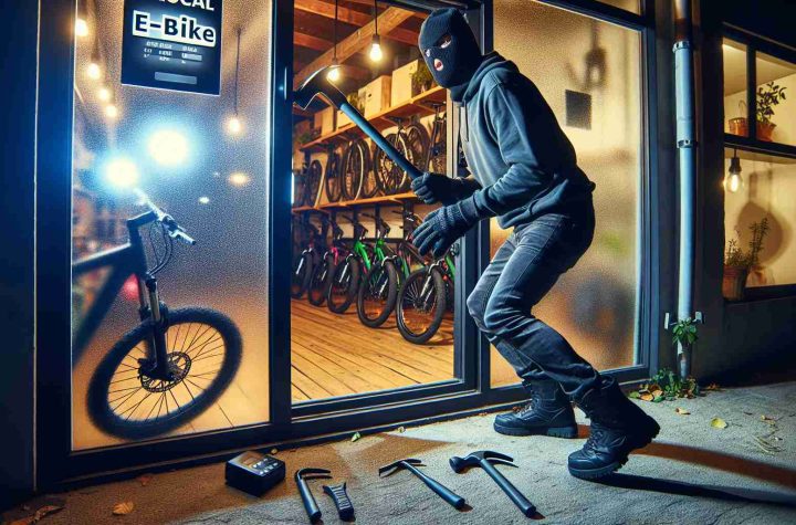 High resolution image displaying a local E-bike store at night. The scene should capture an attempt of break-in stopped in its tracks. A person, of ambiguous descent and gender, is seen halfway through an attempted break-in, with a balaclava on their face and a crowbar in hand, captured in surprise by the sudden activation of high-intensity security lights. Enhance the drama of the situation with elements like dropped tools, and the clear imprint of the thwarted individual's hand on the glass of the door.