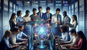 A high-definition, photorealistic representation of collaboration in both quantum and classical computing. The image portrays a group of diverse scientists and engineers, including a Hispanic male physicist, a Caucasian female software engineer, a Black male mathematician, and a Middle-Eastern female quantum theorist. The scene should depict them working in perfect synergy around a quantum computer, filled with an iridescent glow signifying quantum phenomena. Each individual is engrossed in their task, manipulating various elements of the system on digital interfaces. To represent classical computing, traditional computing hardware should also be present in the background.