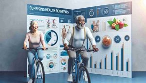 Create a high definition, realistic image featuring a visual representation of a study about the surprising health benefits of cycling for elderly adults. The image should include a senior man of Black descent and a senior woman of Asian descent actively engaged in cycling. In the background, display charts, graphs, and other visual representation of the health benefits. Please convey the positive impact of cycling on their physical health.