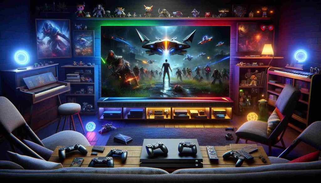 An image that portrays the enhancement of a gaming experience through the use of a high-definition, superior quality television. The scene depicts a sleek, modern gaming console connected to the ultimate TV, displaying bright, crisp visuals of a popular, non-specific game. The TV is situated in a cozy, well-lit gaming room, surrounded by comfortable seats, colored LED lights, and various pieces of gaming paraphernalia like exclusive controllers, unique gaming headsets, and collectible merchandise. The overall ambiance conveys a sense of advanced, immersive entertainment technology.