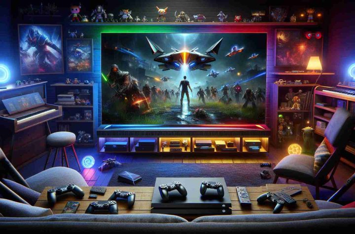 An image that portrays the enhancement of a gaming experience through the use of a high-definition, superior quality television. The scene depicts a sleek, modern gaming console connected to the ultimate TV, displaying bright, crisp visuals of a popular, non-specific game. The TV is situated in a cozy, well-lit gaming room, surrounded by comfortable seats, colored LED lights, and various pieces of gaming paraphernalia like exclusive controllers, unique gaming headsets, and collectible merchandise. The overall ambiance conveys a sense of advanced, immersive entertainment technology.