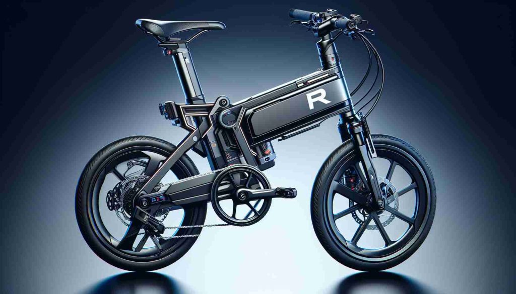 Detailed, high resolution photo of an innovative, electric folding bike. The bike is designed with cutting-edge technology and high-end functionalities. It has a sleek look and is compact when folded. The brand is cryptically referred to as R, a trailblazer in the cycling industry, known for pushing the boundaries of conventional design.