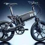 Detailed, high resolution photo of an innovative, electric folding bike. The bike is designed with cutting-edge technology and high-end functionalities. It has a sleek look and is compact when folded. The brand is cryptically referred to as R, a trailblazer in the cycling industry, known for pushing the boundaries of conventional design.