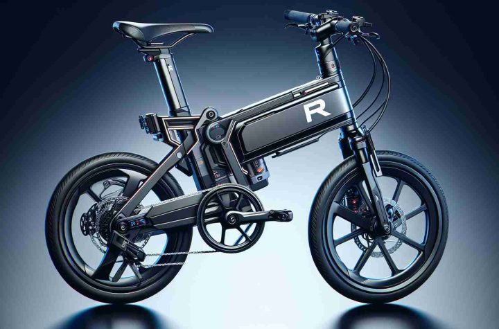 Detailed, high resolution photo of an innovative, electric folding bike. The bike is designed with cutting-edge technology and high-end functionalities. It has a sleek look and is compact when folded. The brand is cryptically referred to as R, a trailblazer in the cycling industry, known for pushing the boundaries of conventional design.