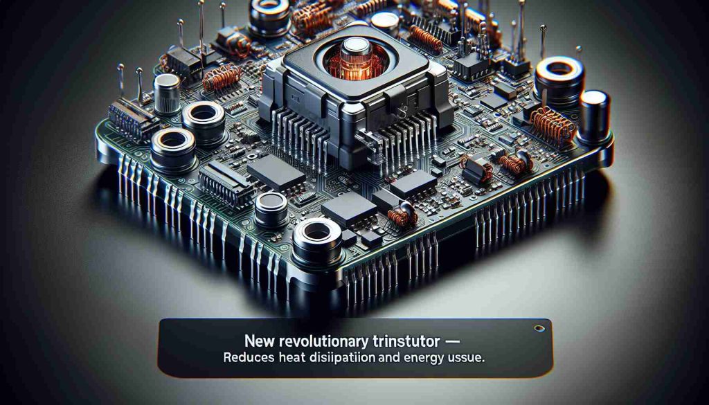 A high-definition, hyper-realistic image of a new, innovative transistor. This advanced piece of technology features a unique design that allows it to reduce heat dissipation and energy usage. Its features should include intricate wiring and components, made evident by a high level of detail and sharpness. The title 'New Revolutionary Transistor - Reduces Heat Dissipation and Energy Usage' is displayed prominently on the image.