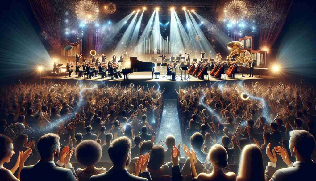 A highly detailed and realistic photo of a grand New Year’s Concert Extravaganza. The stage is lit by vibrant and dynamic lighting, showcasing a grand piano, array of string instruments, and various wind instruments. Musicians of diverse genders and descents are caught in a moment of harmonious performance, blending a fusion of musical styles. Happy spectators are seen applauding passionately, their faces glowing with joy and excitement at the spectacle. The celebration is further enhanced with tastefully arranged festive decorations, glittering streamers and a vibrant countdown clock, embodying the spirit and anticipation of the New Year.