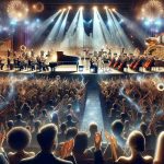 A highly detailed and realistic photo of a grand New Year’s Concert Extravaganza. The stage is lit by vibrant and dynamic lighting, showcasing a grand piano, array of string instruments, and various wind instruments. Musicians of diverse genders and descents are caught in a moment of harmonious performance, blending a fusion of musical styles. Happy spectators are seen applauding passionately, their faces glowing with joy and excitement at the spectacle. The celebration is further enhanced with tastefully arranged festive decorations, glittering streamers and a vibrant countdown clock, embodying the spirit and anticipation of the New Year.