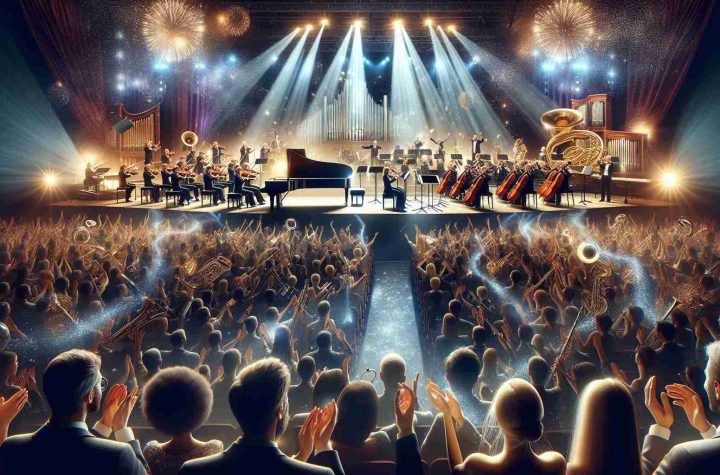 A highly detailed and realistic photo of a grand New Year’s Concert Extravaganza. The stage is lit by vibrant and dynamic lighting, showcasing a grand piano, array of string instruments, and various wind instruments. Musicians of diverse genders and descents are caught in a moment of harmonious performance, blending a fusion of musical styles. Happy spectators are seen applauding passionately, their faces glowing with joy and excitement at the spectacle. The celebration is further enhanced with tastefully arranged festive decorations, glittering streamers and a vibrant countdown clock, embodying the spirit and anticipation of the New Year.