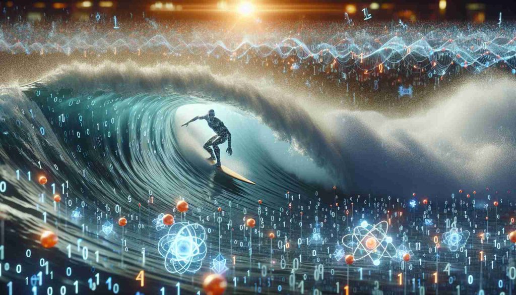 High-definition, realistic imagery of the metaphorical concept of 'Riding the Wave of Quantum Innovation'. This scene should depict an individual (gender unspecified, of Hispanic descent) surfing on waves that are visually swapped with a stream of binary numbers and quantum elements - particles, atoms, possibly even atom models. This should create the impression of the person surfing atop a sea of cutting-edge technology and quantum mechanics theory.