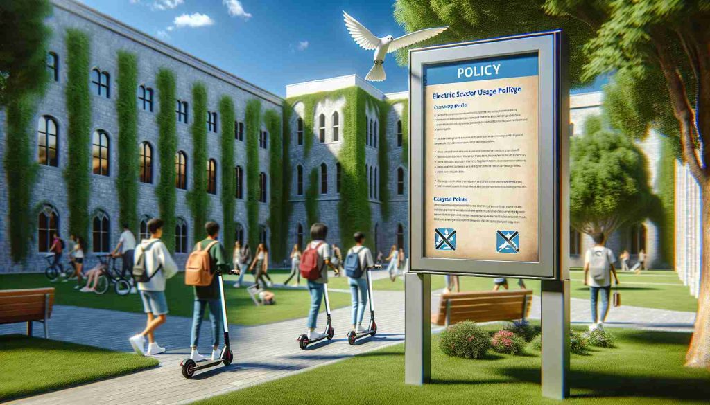 A high-definition, realistic image of an electric scooter usage policy displayed at university campuses. The policy should be on a notice board, clearly readable with crucial points marked by bullet points. The surrounding environment should capture the essence of a lively university campus with students, some riding electric scooters and some walking, and notable elements such as buildings with ivy on the walls, tall trees, and benches. The weather is a sunny day with a clear, blue sky.