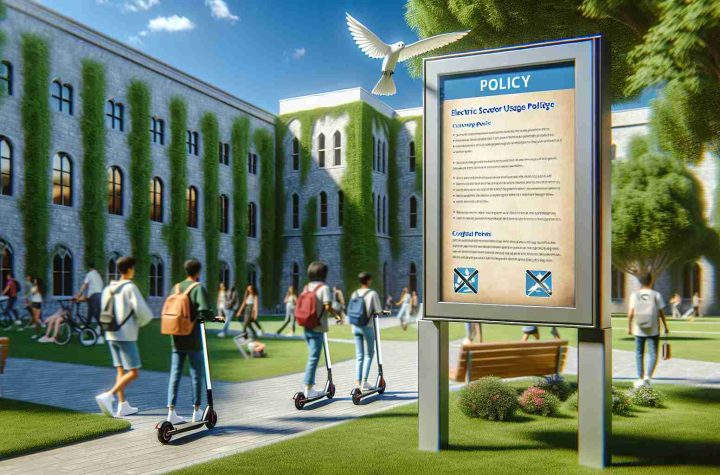 A high-definition, realistic image of an electric scooter usage policy displayed at university campuses. The policy should be on a notice board, clearly readable with crucial points marked by bullet points. The surrounding environment should capture the essence of a lively university campus with students, some riding electric scooters and some walking, and notable elements such as buildings with ivy on the walls, tall trees, and benches. The weather is a sunny day with a clear, blue sky.