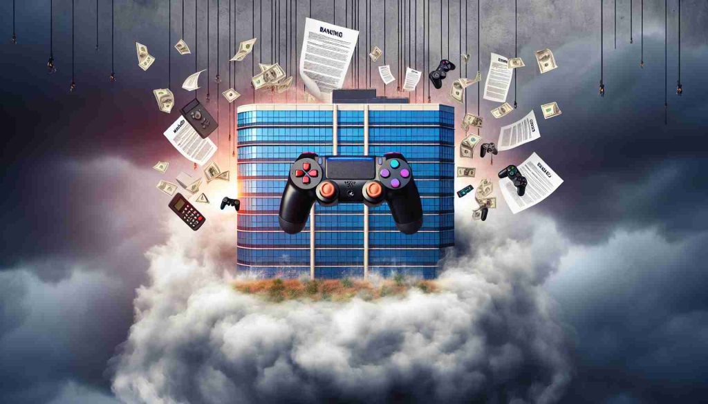 A high-definition, realistic illustration displaying a metaphorical scene of a video game company facing industry challenges and filing for bankruptcy. The image may represent a centralized office building looming under a stormy sky, with banking documents falling from the clouds symbolizing bankruptcy. Game console controllers and symbols, such as joysticks and action buttons, could be incorporated to show the gaming industry aspect.