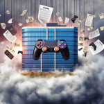 A high-definition, realistic illustration displaying a metaphorical scene of a video game company facing industry challenges and filing for bankruptcy. The image may represent a centralized office building looming under a stormy sky, with banking documents falling from the clouds symbolizing bankruptcy. Game console controllers and symbols, such as joysticks and action buttons, could be incorporated to show the gaming industry aspect.