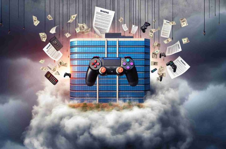 A high-definition, realistic illustration displaying a metaphorical scene of a video game company facing industry challenges and filing for bankruptcy. The image may represent a centralized office building looming under a stormy sky, with banking documents falling from the clouds symbolizing bankruptcy. Game console controllers and symbols, such as joysticks and action buttons, could be incorporated to show the gaming industry aspect.