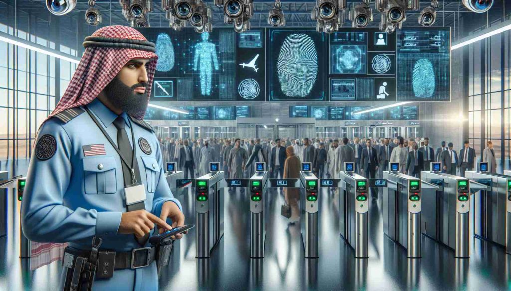 Create a high-definition, realistic image showcasing enhanced security measures being implemented. Display a scene filled with cutting-edge technology such as fingerprint and facial recognition scanners, multiple security cameras perched on every corner, and high-tech gates with LCD screens for instructions. Also, show a middle-eastern male security officer checking people as they pass through the security checkpoint.