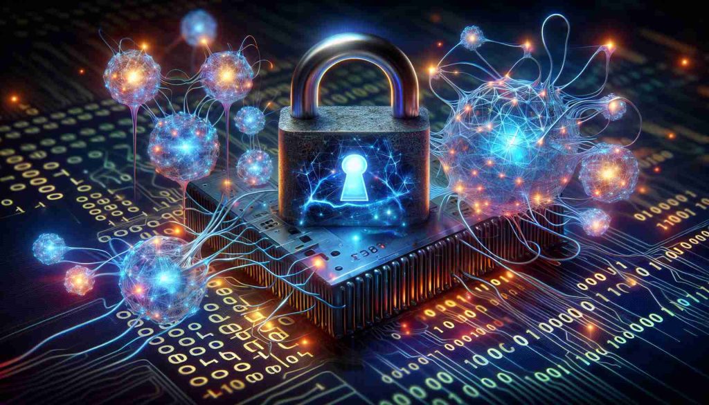 Realistic high-definition illustration, symbolizing the challenges and opportunities in the field of Quantum Cybersecurity. It may feature a complex quantum computer, with glowing neurons and quantum particles. Add a padlock icon, symbolizing security, being attacked by dark forces representing the challenges and bright illuminations signifying opportunities. The image should also contain binary numbers in the background, referring to the programming side of cybersecurity.