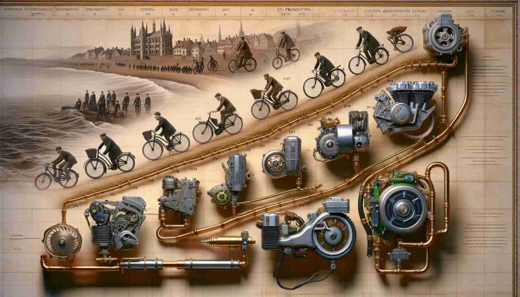 High-definition, realistic photograph showcasing the historical evolution of electric bike motors in Europe, beginning with the first introduction of such power-assisted bikes, moving on to portray the subtle changes in size, functionality, and design, and concluding with the latest advanced, efficient models. The progression should be visually represented as a timeline across various decades, complete with factual annotations detailing notable milestones and technical improvements.