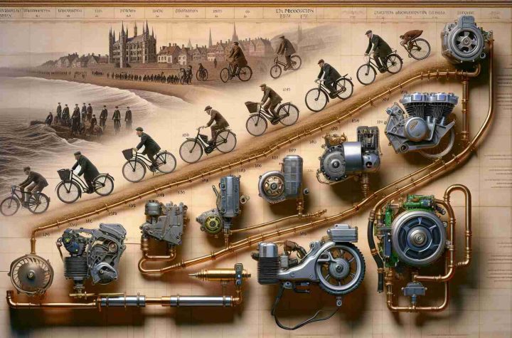 High-definition, realistic photograph showcasing the historical evolution of electric bike motors in Europe, beginning with the first introduction of such power-assisted bikes, moving on to portray the subtle changes in size, functionality, and design, and concluding with the latest advanced, efficient models. The progression should be visually represented as a timeline across various decades, complete with factual annotations detailing notable milestones and technical improvements.