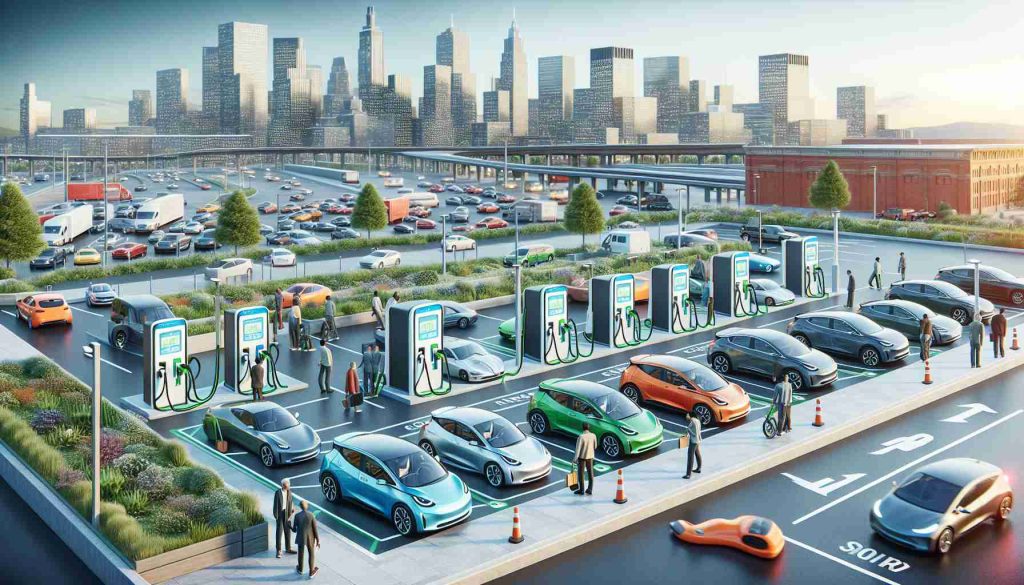 Visualize a detailed, high-definition depiction of urban areas becoming more accessible for electric vehicles. Show multiple electric vehicle charging stations installed in different areas such as underground parking lots, street-side parking, and shopping centers. Demonstrate a mix of cars, including electric ones, parked and charging at these stations. Engage in showing people from diverse descents, including but not limited to Caucasian, South Asian, Hispanic, and Black individuals interacting with these stations, charging their cars, or exploring about these stations. The scene should evoke a sense of progress and sustainability.