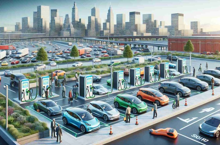 Visualize a detailed, high-definition depiction of urban areas becoming more accessible for electric vehicles. Show multiple electric vehicle charging stations installed in different areas such as underground parking lots, street-side parking, and shopping centers. Demonstrate a mix of cars, including electric ones, parked and charging at these stations. Engage in showing people from diverse descents, including but not limited to Caucasian, South Asian, Hispanic, and Black individuals interacting with these stations, charging their cars, or exploring about these stations. The scene should evoke a sense of progress and sustainability.